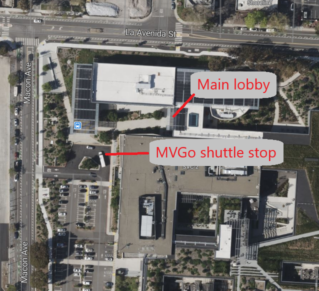 Aerial photo showing parking along Macon Avenue, the MVGo shuttle stop, and the main lobby.